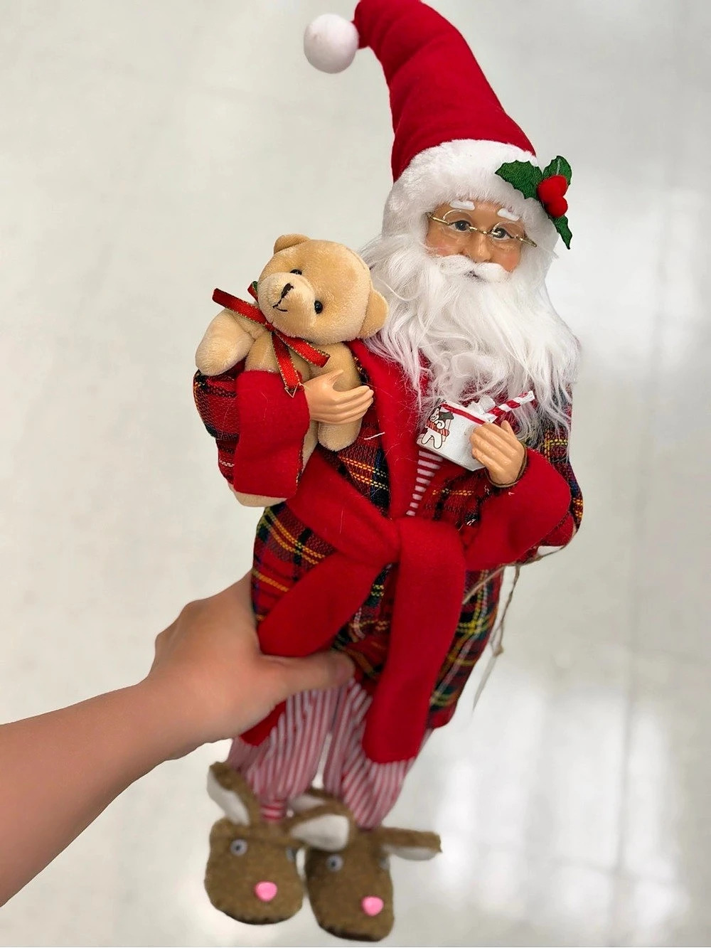 Windy Hill Collection Plaid Pajama Santa Figurine with Hot Cocoa and Slippers